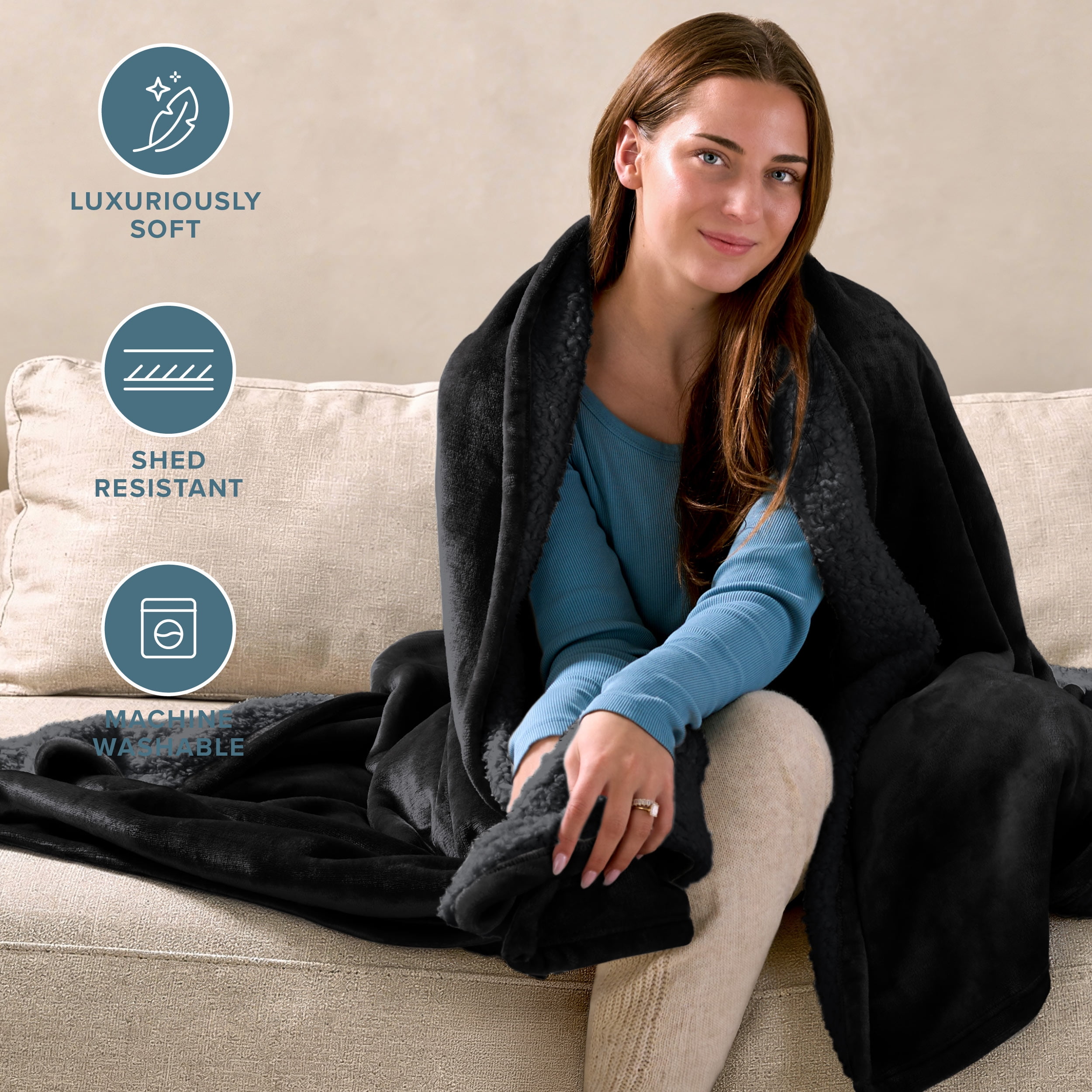 Bare Home Plush Sherpa Bed Blanket - Fluffy & Soft - Reversible - Lightweight - Twin/Twin XL, Black with Black Sherpa