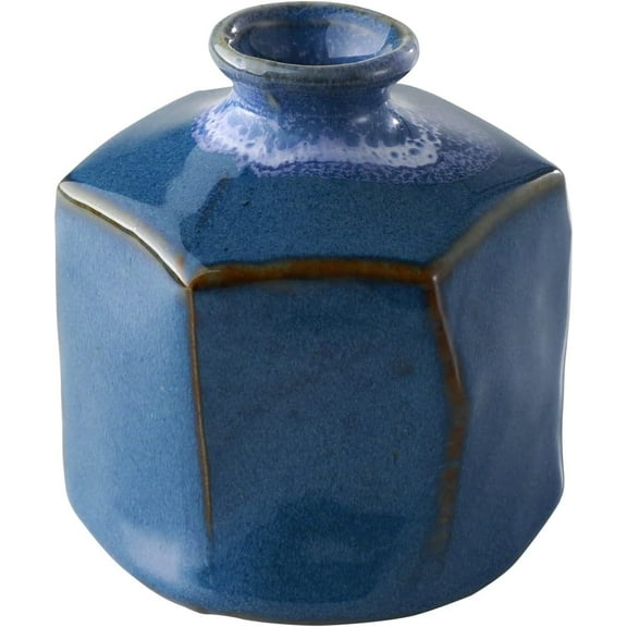 Wazakura Minoyaki Ceramic Small Ikebana Flower Bud Vase Hexagon Shaped Blue Made in Japan