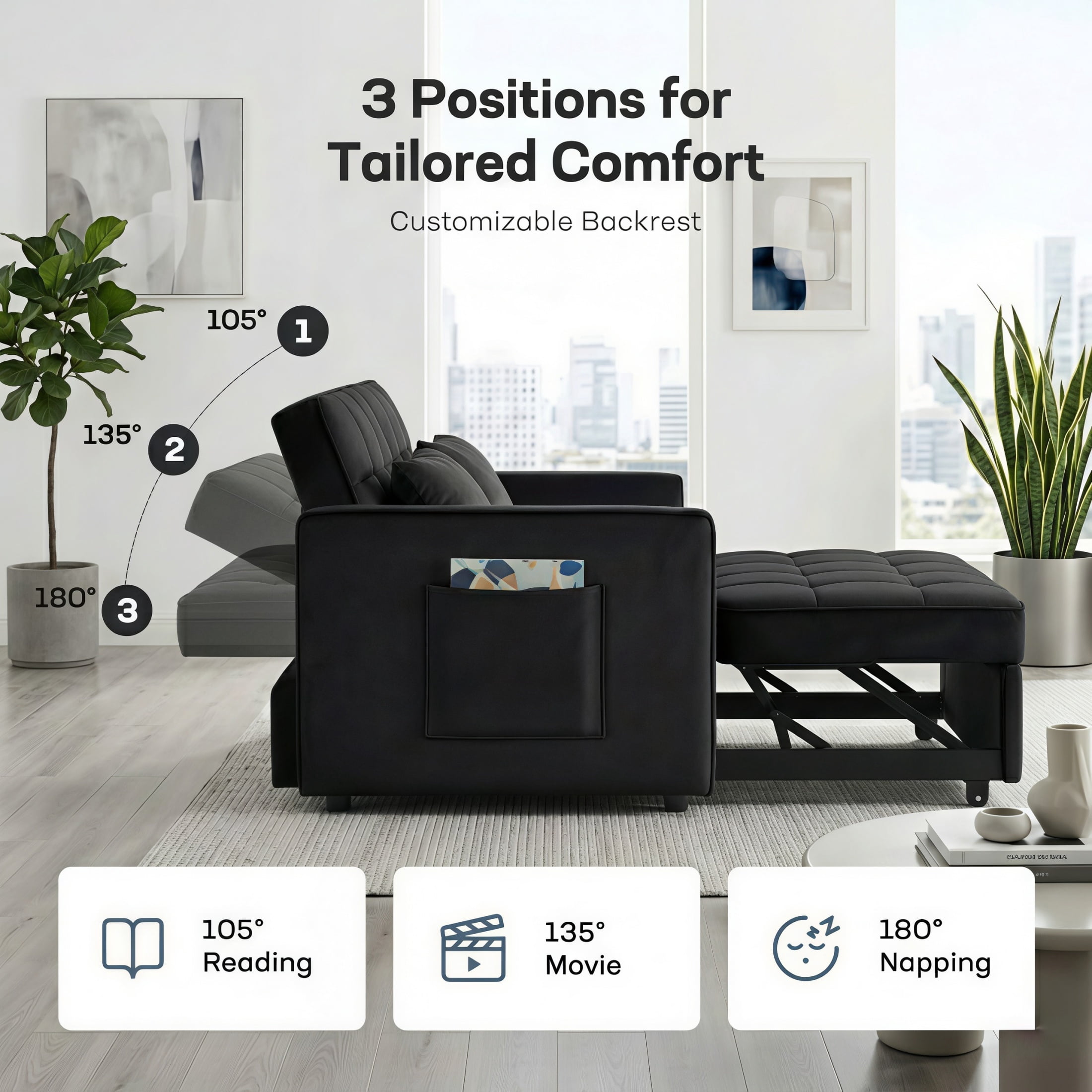 Amuille 3 in 1 Convertible Sleeper Sofa Bed, 54" Velvet Fabric Loveseat, Pull Out Couch for Living Room and Apartment, Black