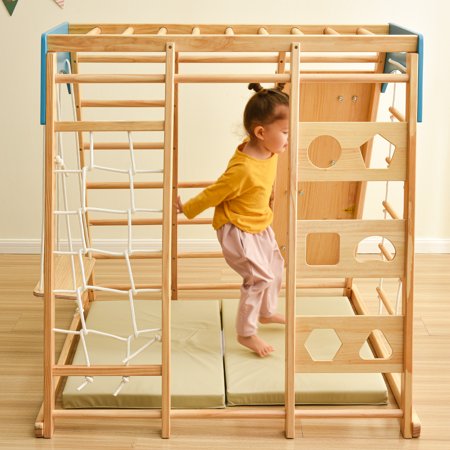 Wooden Indoor Kids Playground Jungle Gym with Slide  Toddlers Wooden Climber 8-in-1 Slide Playset  Wooden Rock Climbing Wall with Rope Wall Climb  Monkey Bars  and Swing for Kids