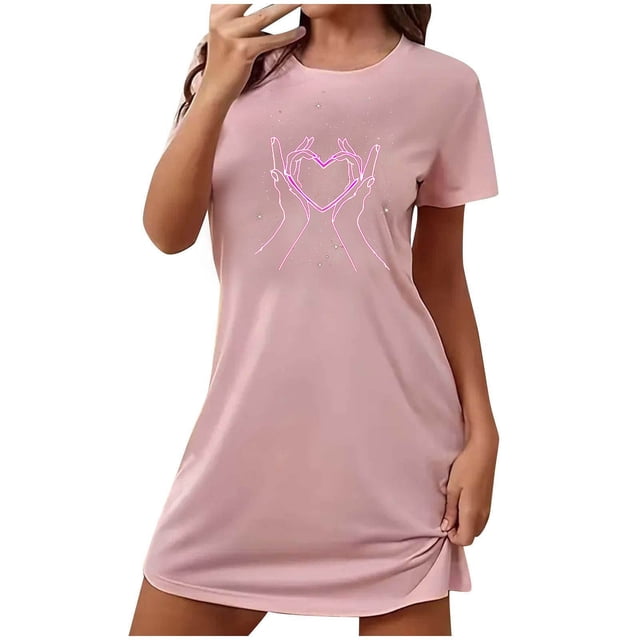 Jgppe Chemise de Nuit Courte pour Femmes Imprimée Col Rond Manches Courtes Robe de Nuit Robe de Sommeil Saint-Valentin
