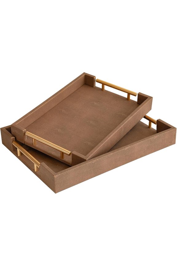 A set of two sharkskin-patterned wooden trays with gold-polished metal handles, suitable for footstools, coffee tables, and bathrooms.