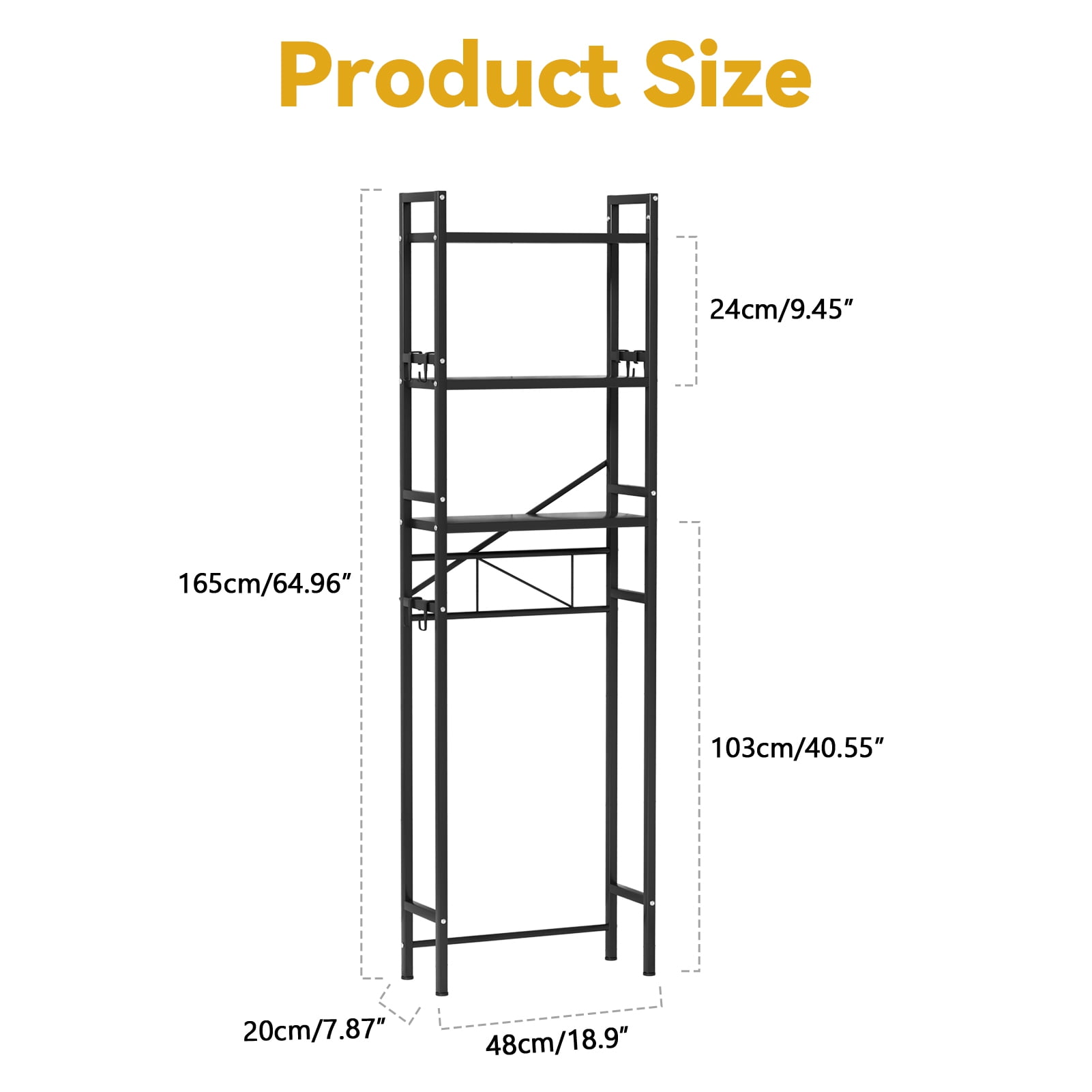 Demete 3 Tier Over The Toilet Storage Shelf, Freestanding Carbon Steel Bathroom Organizer Rack, Adjustable Space Saving Storage 19.69 x 7.87 x 64.96 inch