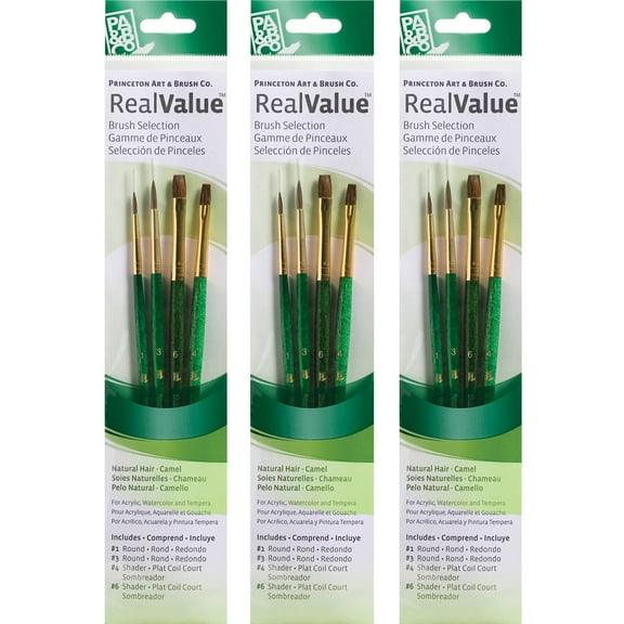 Princeton RealValue Brush Set, Camel Bristles, Short Handle Mixed Media Paintbrush, Green, 4 Per Set, 3 Sets