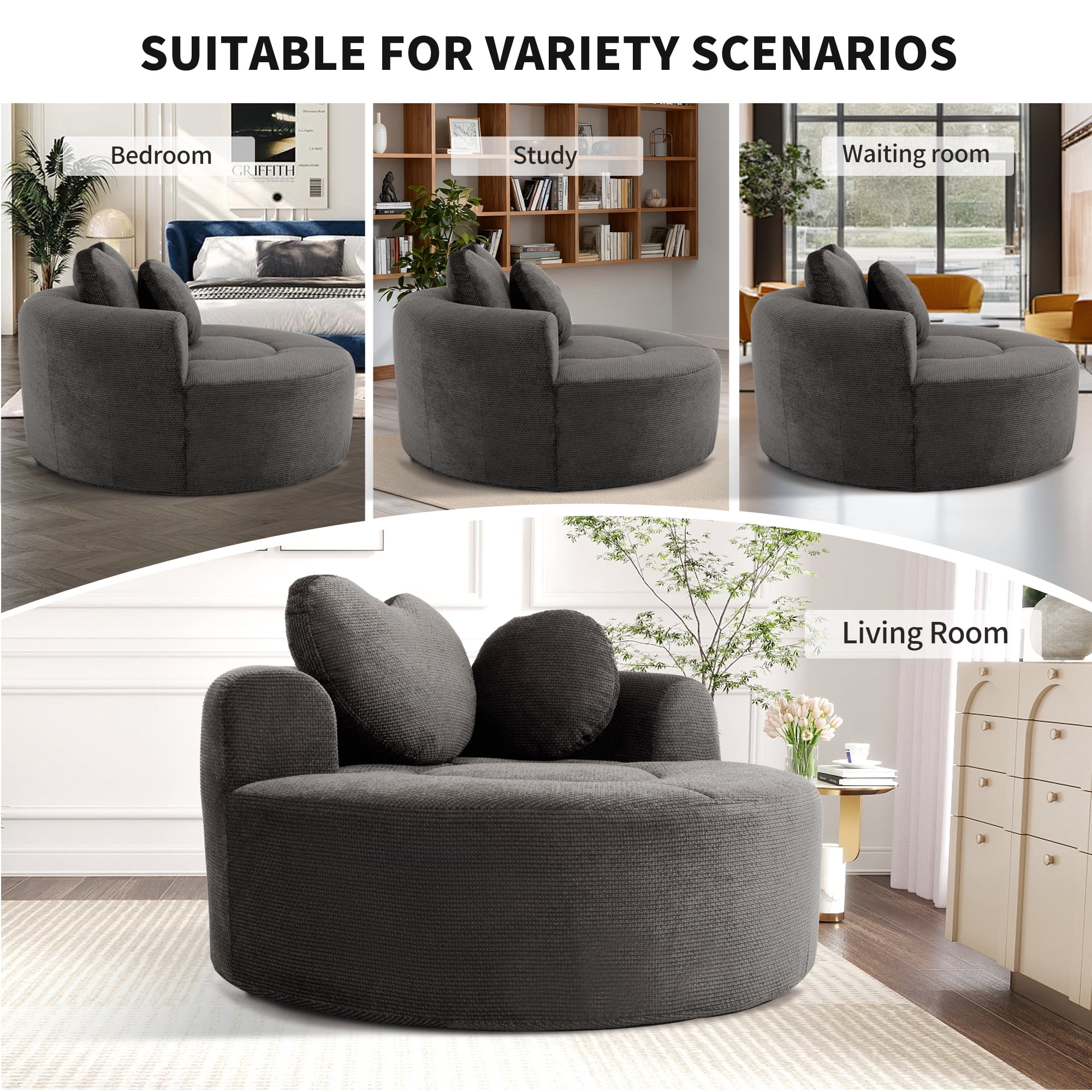 Leumius Oversized Round Chair Lounge Chaise Indoor,Upholstered Round Sofa Bed with Memory Foam,Comfy Cloud Circle Chair with Deep Seat for Living Room Bedroom,No Assembly Required,Black+ Gray