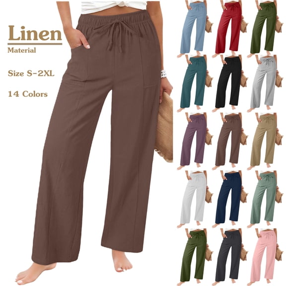 Summer Women's Linen Pants Casual Solid Color Drawstring Elastic Waist Loose Straight-Leg Pants with Side Pockets S-2XL