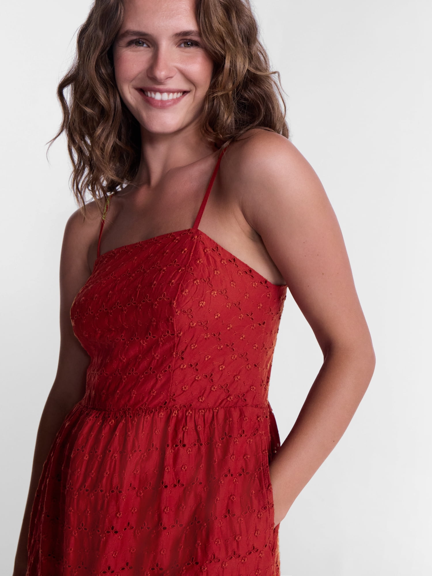 Time and Tru Women's Sleeveless Eyelet Cotton Midi Dress, Sizes XS-XXXL
