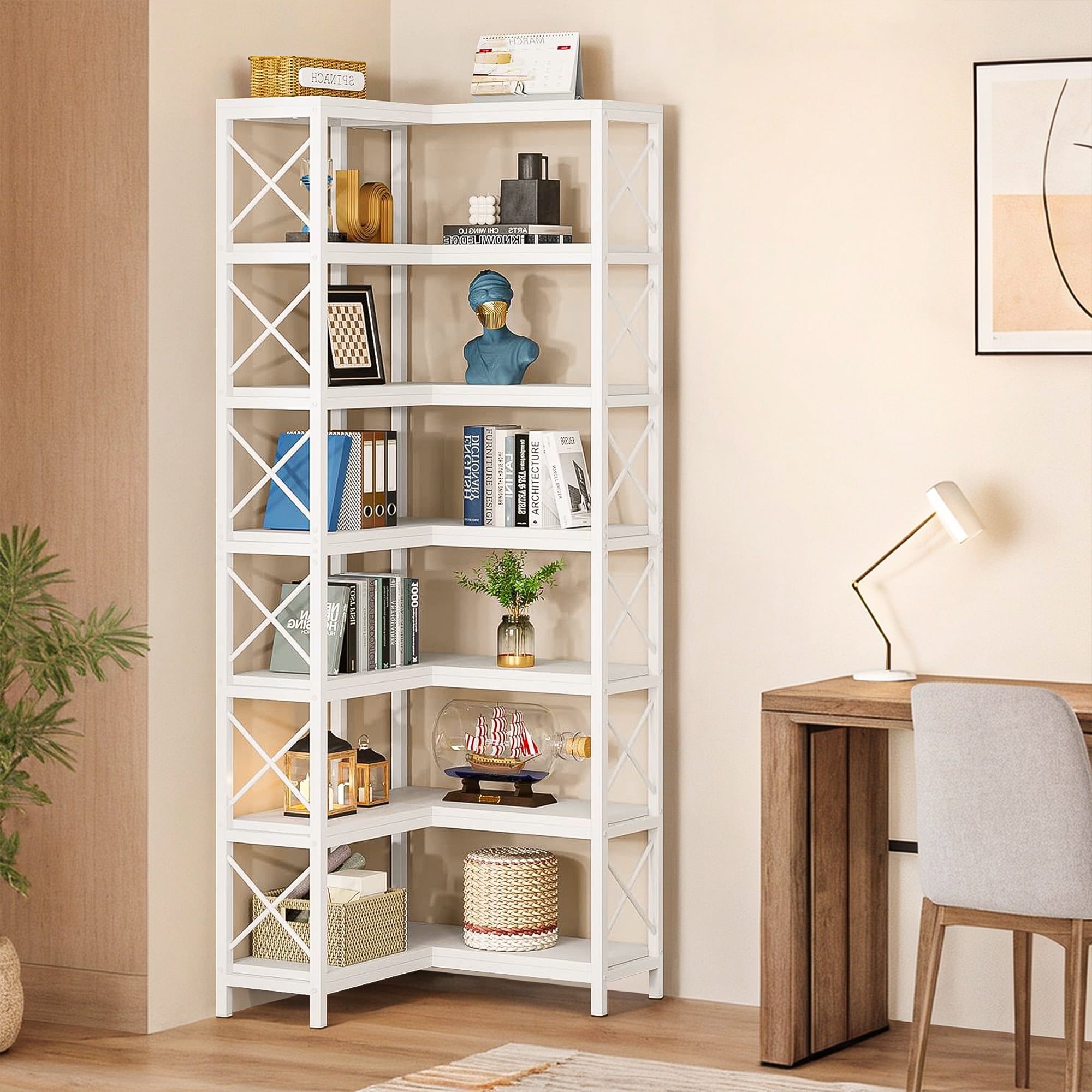 Demi Bonn 7 Tier Corner Bookshelf, Bookshelves, Open Etagere Bookcase Shelf Storage Organizer, Storage Shelving Unit for Bedroom, Living Room and Home Office, White