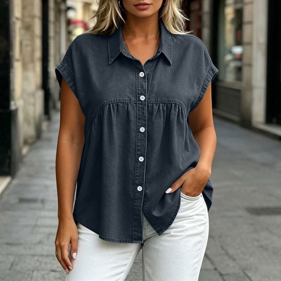 Denim Button Down Shirt for Women Point Collar Cap Sleeve Loose Fit Casual
