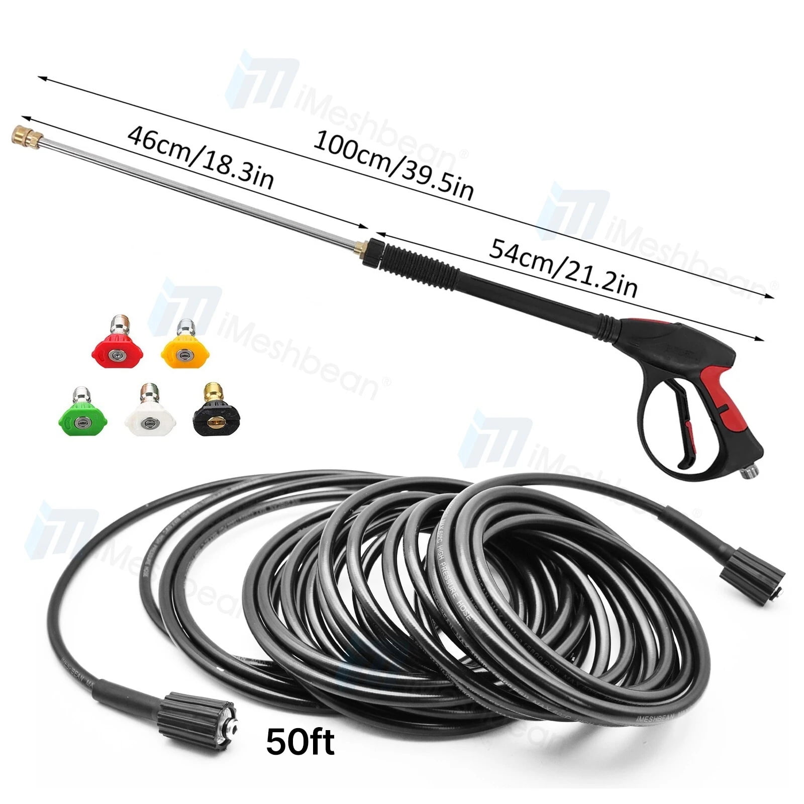 iMeshbean High Pressure 4000PSI Car Power Washer Gun Spray Wand Lance Nozzle and 50ft Hose