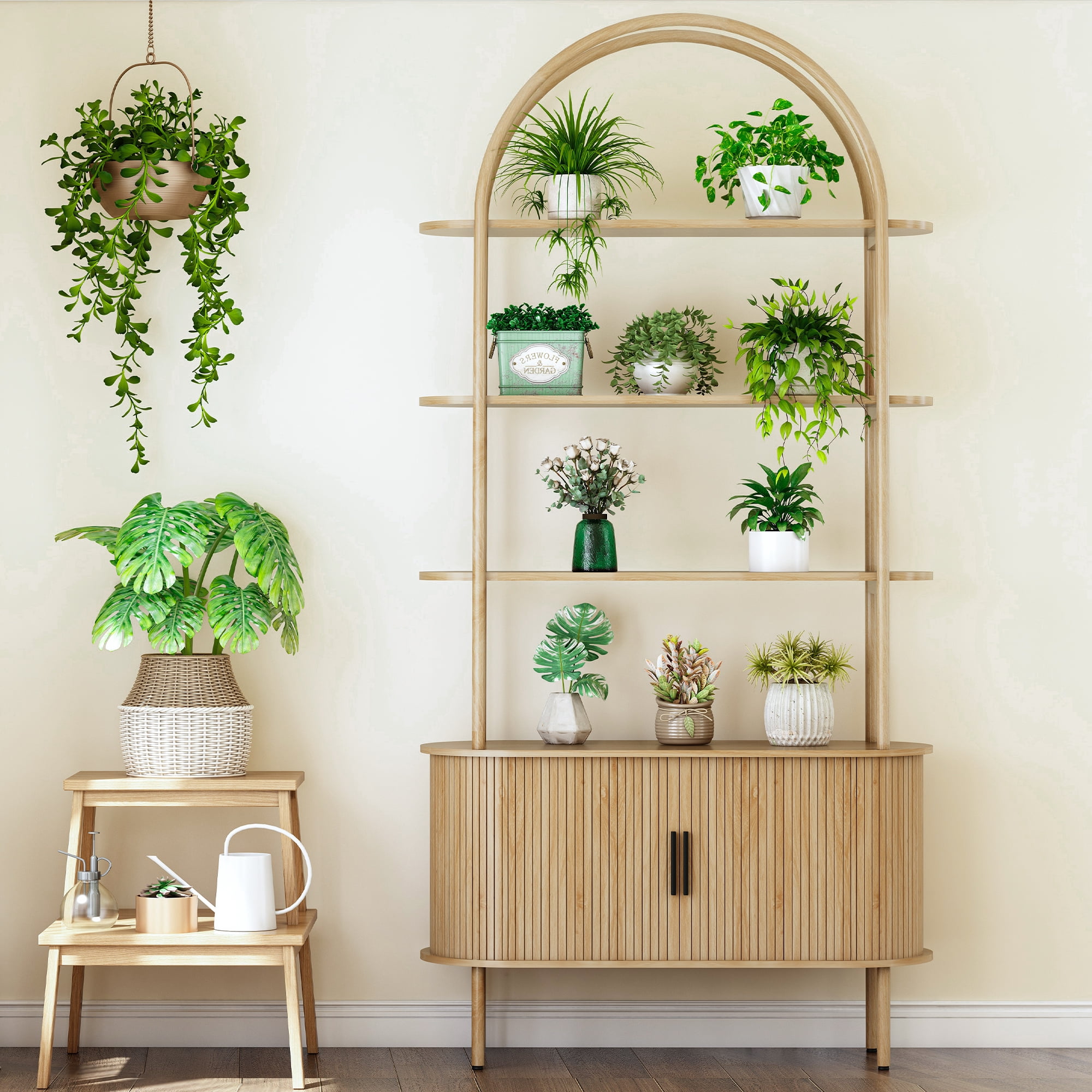 LEFHDA 79" Industrial Modern Arched Bookshelf with 4-Tier Open Shelf & Sliding Tambour Cabinet Storage, Mid-Century Curved Freestanding Bookcase for Living Room (Natural, 79 inch Set of 2)