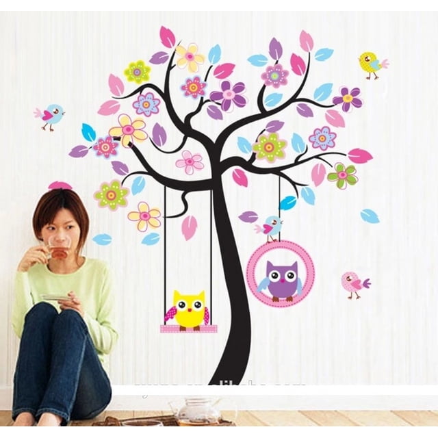 Vinil Decorativo Infantil Árbol Búhos Columpio Sala Cuarto Dara Baby Syene VinDe176