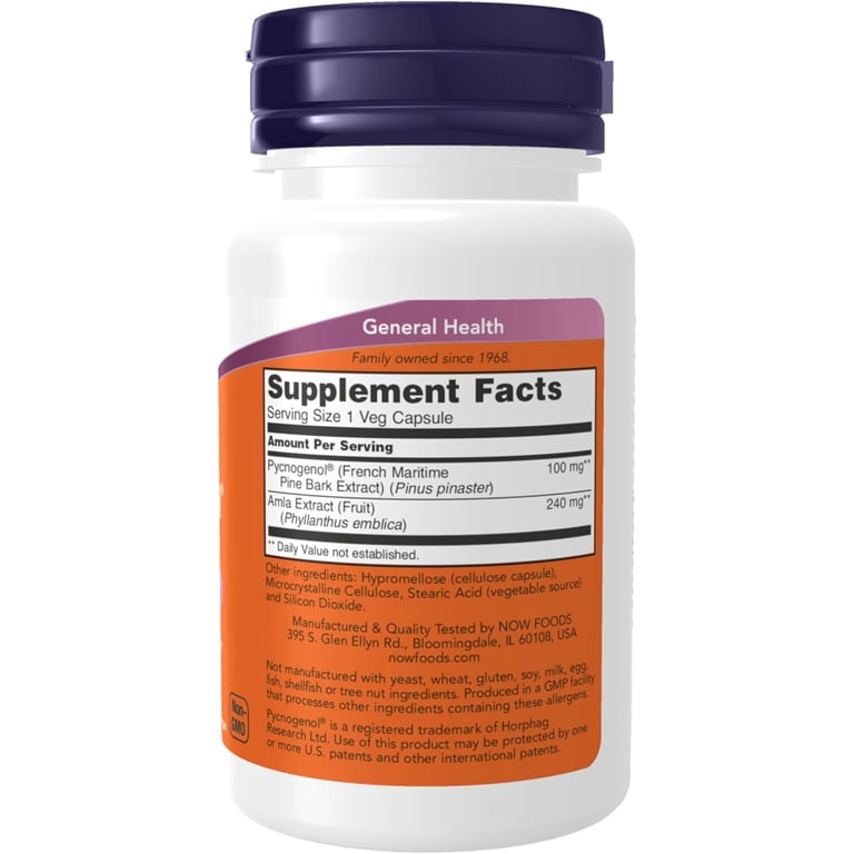 pine bark extract with l carnitine NOW Supplements, Pycnogenol 100 mg (a Unique Combination of Proanthocyanidins from French Maritime Pine) Amla, 60 Veg Capsules Healthy skin, healthy mind