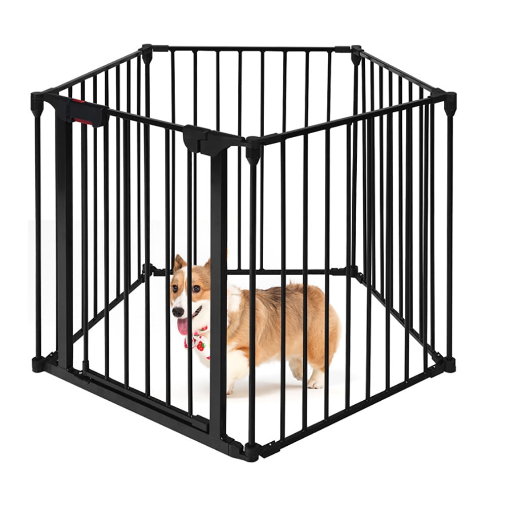 Kadyn Freestanding Pet Gate,Dog Fence Gates for Doorways, 115 Inch Length 5 Panel Adjustable Wide Fireplace Fence-Black