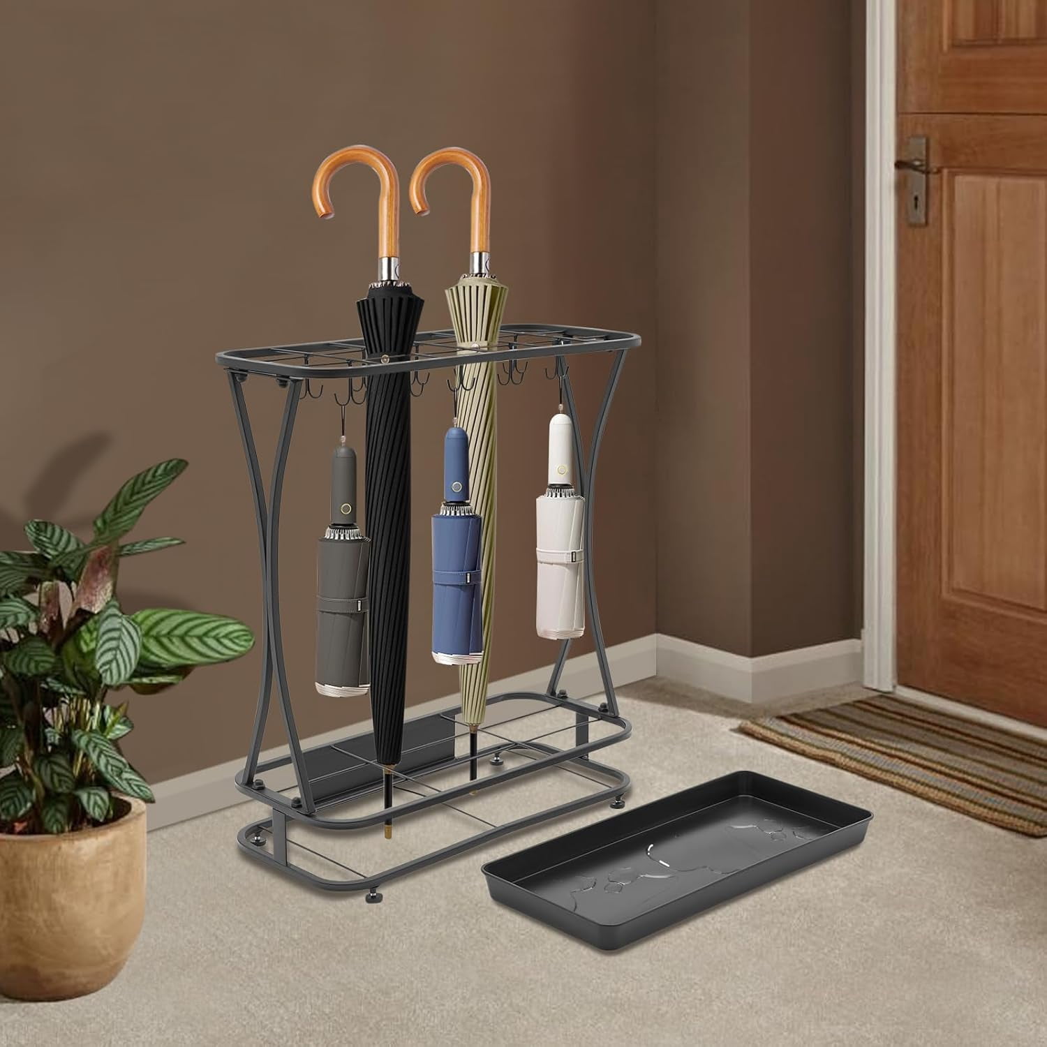 Umbrella Holder Stand, Freestanding Umbrella Organizer with 18 Slots & 20 Hooks for Home, Office & Hotel