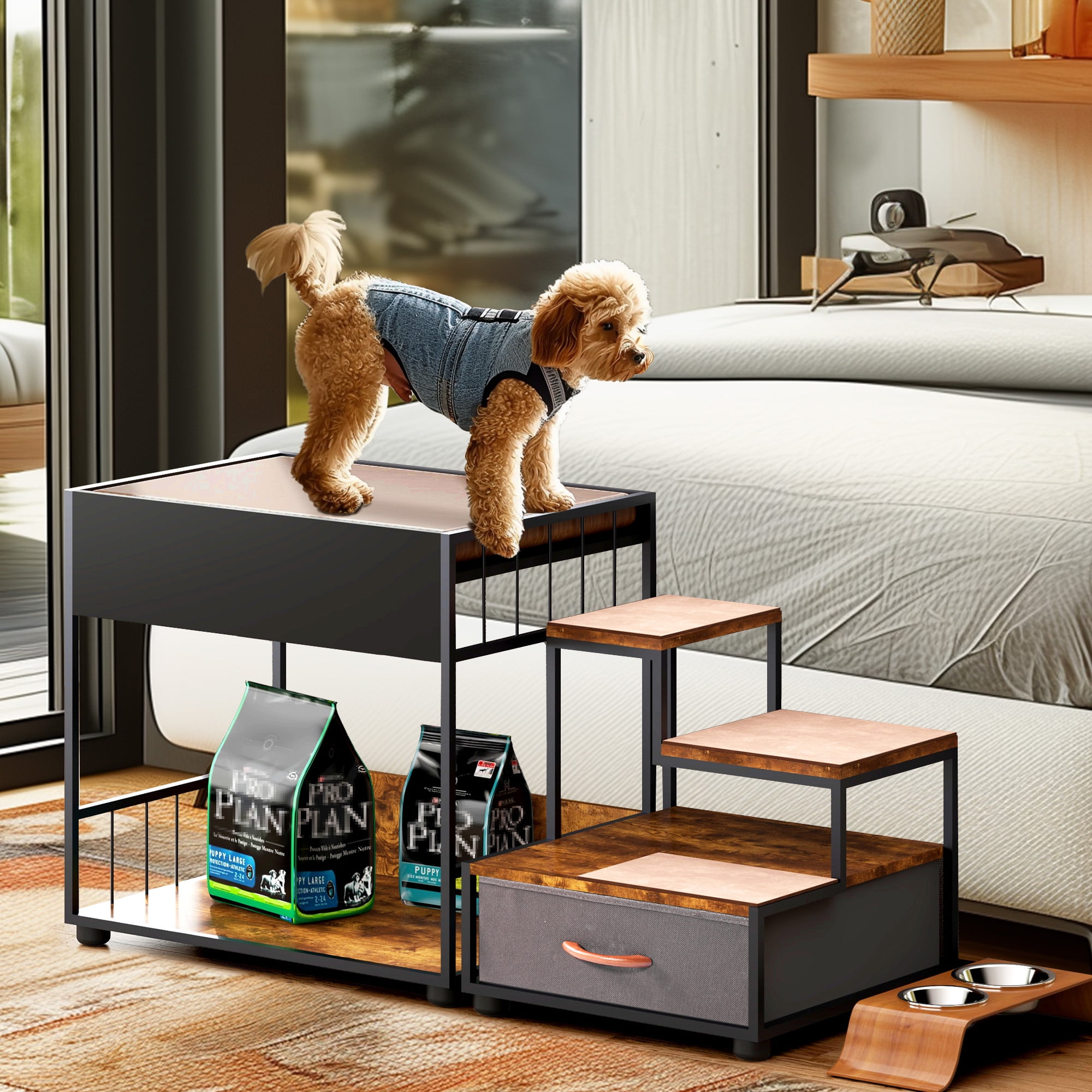 Pefilos 47" Bunk Beds Window Perch for Dogs, Bedside Lounge Elevated Dog Bed, Multi-level Platform Pet Stairs with Non-slip Pad and Storage, Brown Pefilos 47" Bunk Beds Window Perch for Dogs, Bedside Lounge Elevated Dog Bed, Multi-level Platform Pet Stairs with Non-slip Pad and Storage, Brown