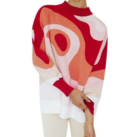 

Fsqjgq Womens S Women s Retro Color-Blocking Fashion Sweater Tops Half-High Neck Pullover Soft Warm Sweatrshirt Casual Sweater Cotton Scrub Top Women Knitting Red M