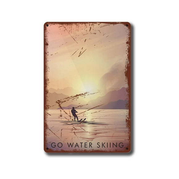 Go Water Skiing Art Print Waterskiing Travel Poster Water Metal Sign Vintage Garage Wall Art Coffee bar Sign 12"x16"
