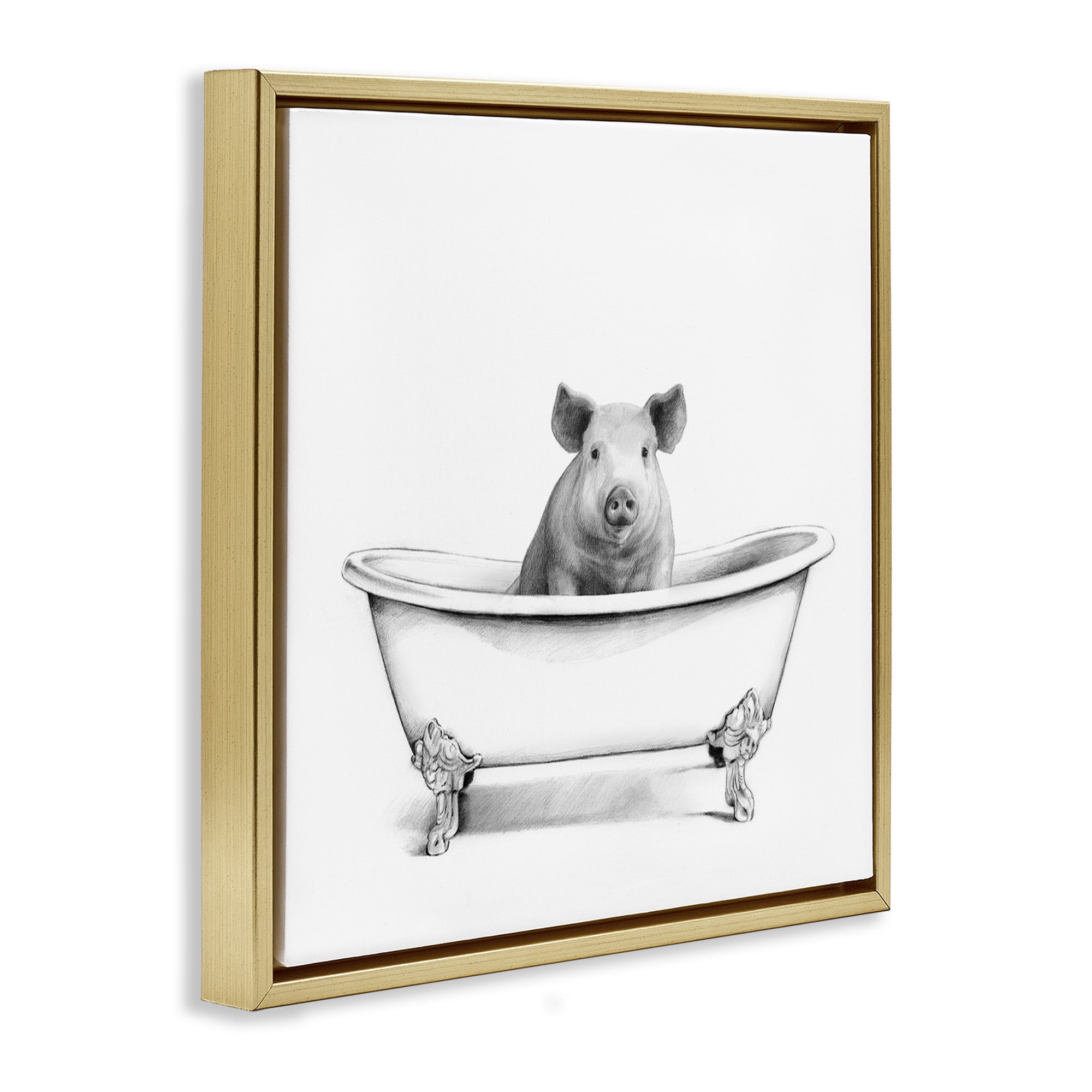 Stupell Industries Hog in Bathtub Sketch Animals & Insects Drawing Gold Floater Framed Canvas Art Print Wall Art, 25 x 25