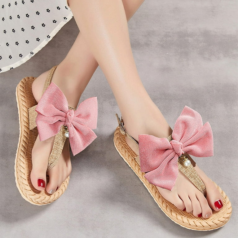 Wavsuf Flat Sandals for Women Bow Casual Summer Pink Thong Sandals