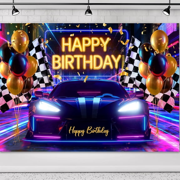 Racing Car Happy Birthday Backdrop Neon Race Sports Birthday Background for Men Boys Black White Checkered Flag Birthday Party Decorations Banner Supplies Photo Booth Props