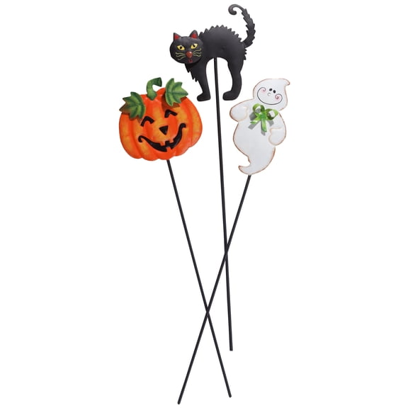 Metal Jack O-Lantern, Black Cat and Ghost Ground Stakes, Patio Halloween Decorations by Fox River Creations, Set of 3