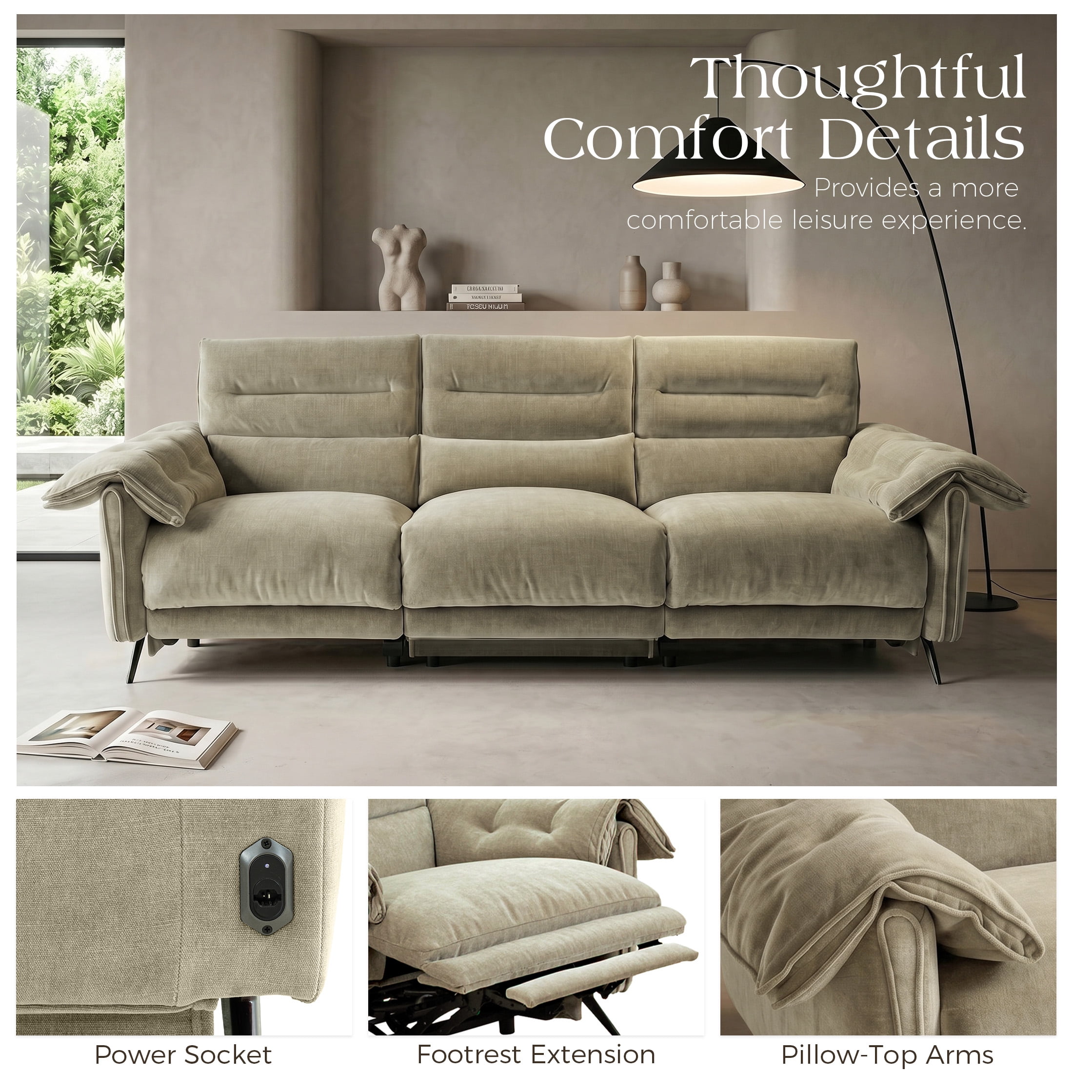 Aenkyo 108" Oversized 3-Seater Power Reclining Sofa with USB Ports and Footrest, Taupe