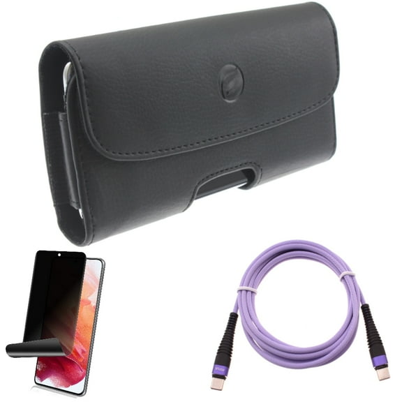 Privacy Screen Protector w Purple 6ft PD Cable w Case Belt Clip for Samsung Galaxy S21 Plus - TPU Film Fingerprint Works, Type-C to USB-C Long Charger Cord, Leather Holster Accessory Bundle