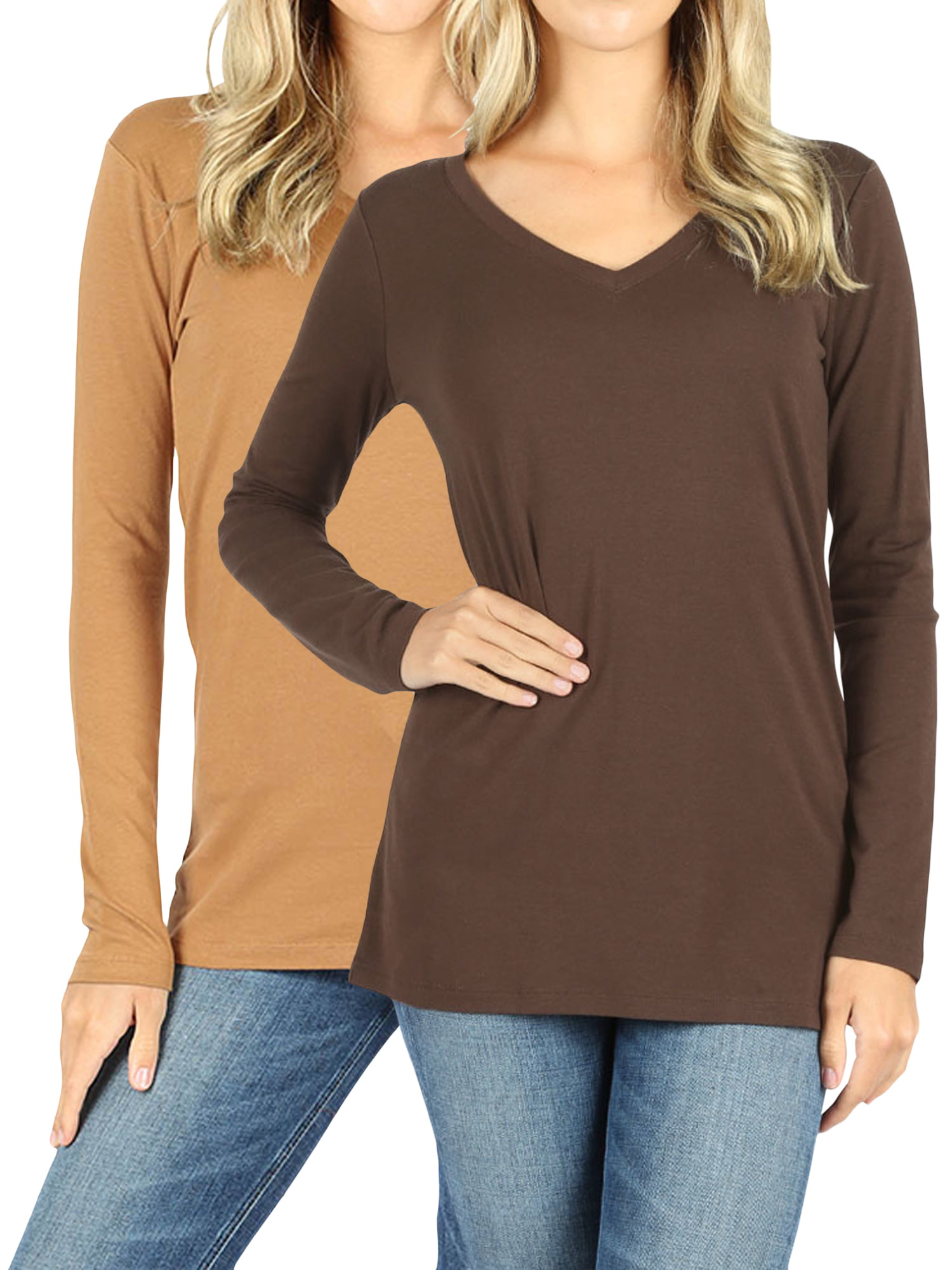 Women Casual Basic Cotton Loose Fit V Neck Long Sleeve T Shirt Top