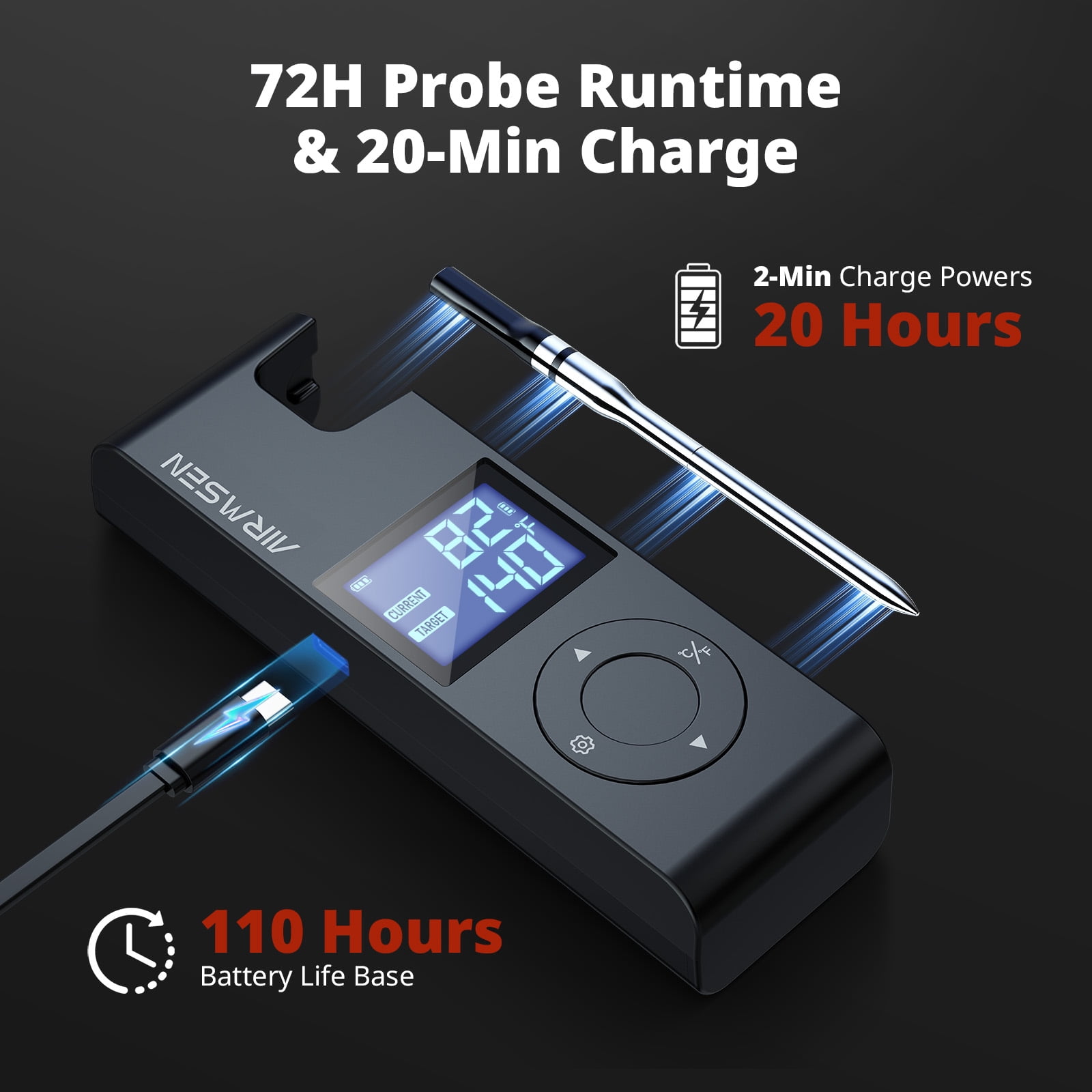 AIRMSEN 600FT Wireless Meat Thermometer, Bluetooth 5.4 Digital Food Cooking Thermometer with Standalone Base, 72H Battery & 20-Min Meat Probe, for Oven, Smoker, Grill, BBQ, and Rotisserie