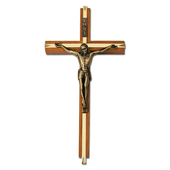 Medium Maple Stained with Gold Plated Solid Brass Inlay Wall Crucifix