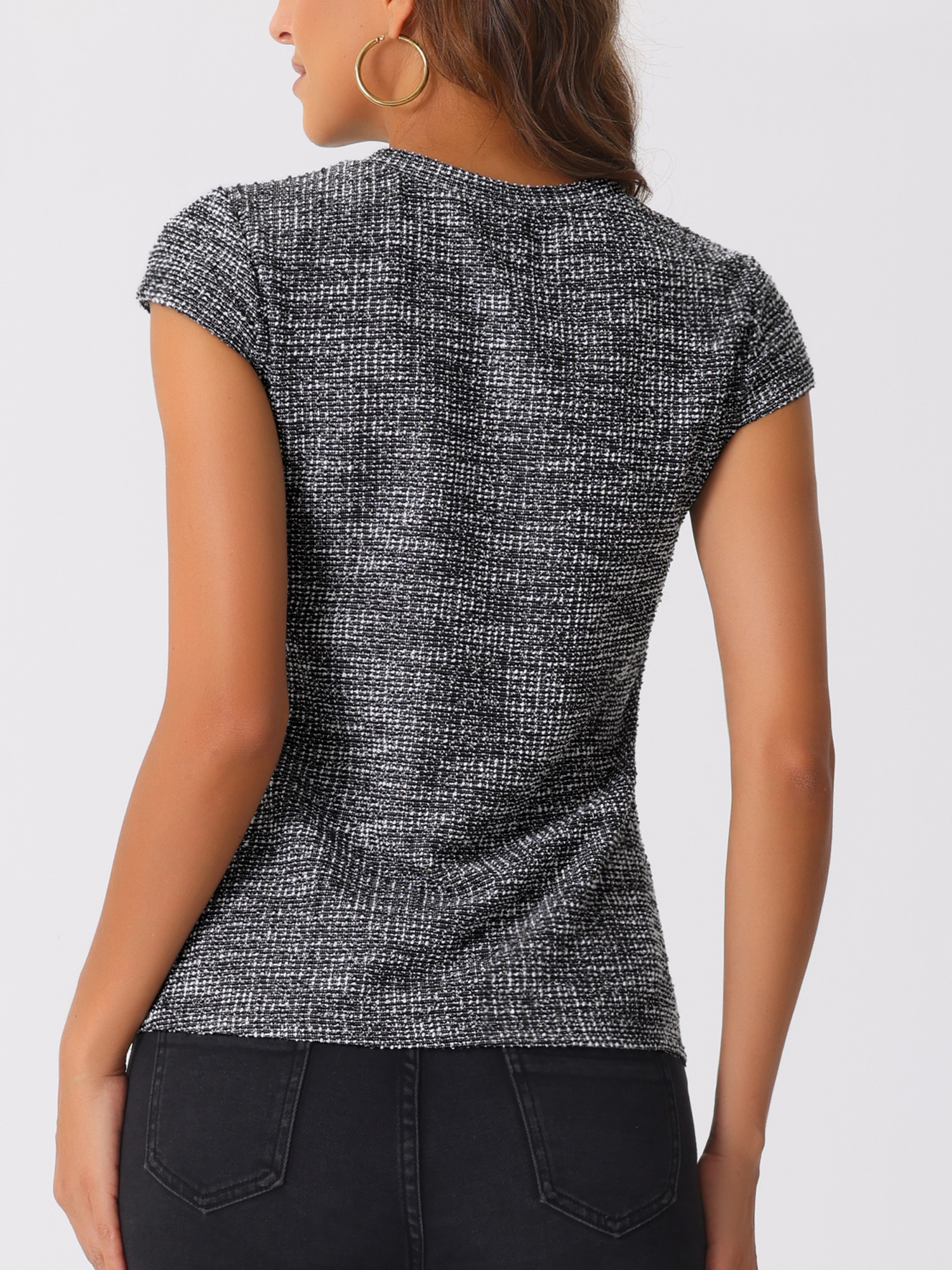 DARING DIVA Women's Tweed Plaid Short Cap Sleeve Casual Blouses M Black