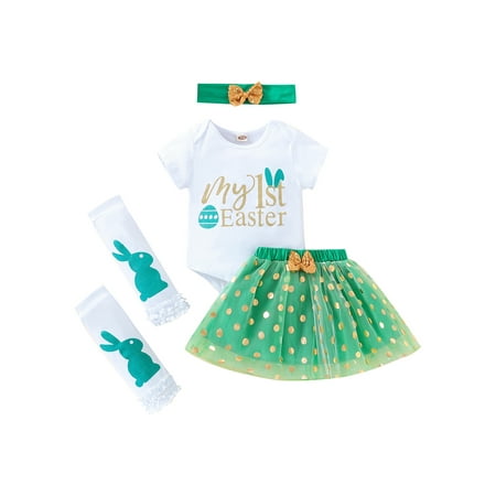 

Gueuusu Infant Girls 4 PCS Easter Outfits Letter Print Romper + Skirt + Headband + Leg Warmers Set
