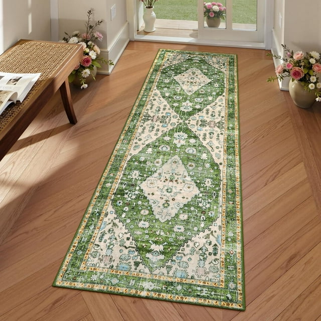 Lahome Boho Tribal Runner Rug - 2x5 Green Bathroom Runner Rugs with Rubber Backing Hallway Room Rug, Turkish Soft Machine Washable Non Slip Accent Carpet Runner for Hallway Kitchen Guest Bedroom