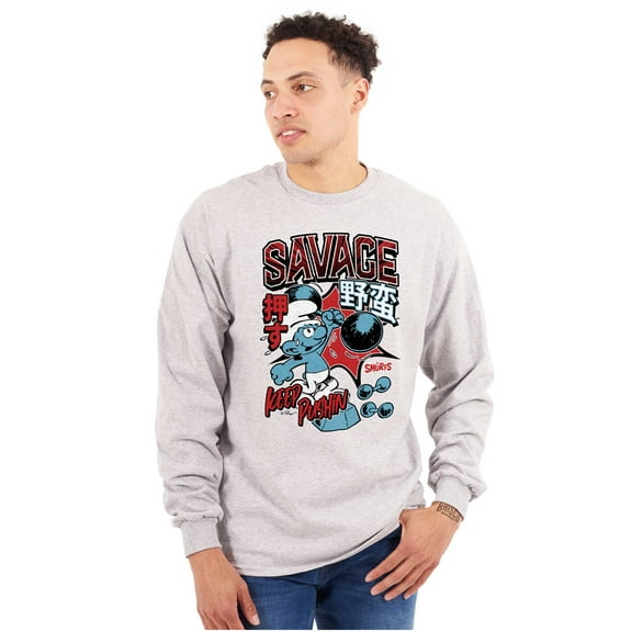The Smurfs Kanji Keep Pushin Savage Men Big & Tall Long Sleeve Tee Brisco Brands 2X