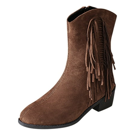 

CBGELRT Cowgirl Boots for Women Fashion Fringe Strap Low Heeled Ankle Booties Flock Pull on Zipper Mid Calf Boots Womens Shoes 42 Brown