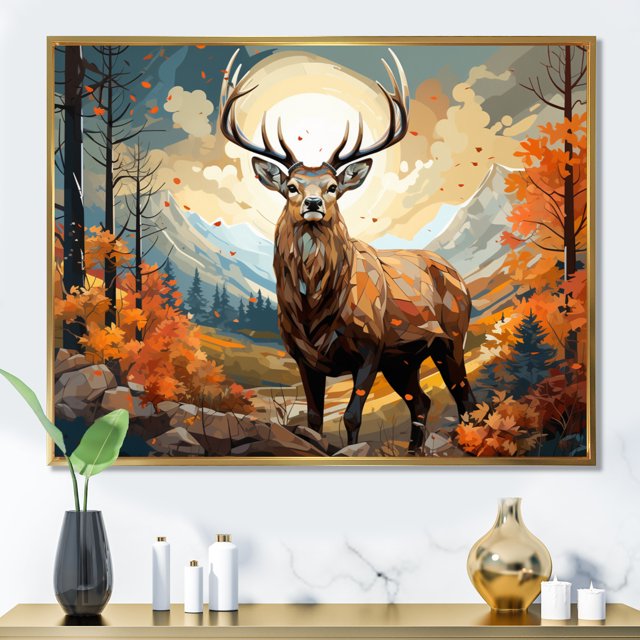 Designart Deer Animal framed wall art, Abstracted Forest with a Deer , deer framed wall art decor, Brown Modern Gold framed wall art, 40x30 inches Gold Frame