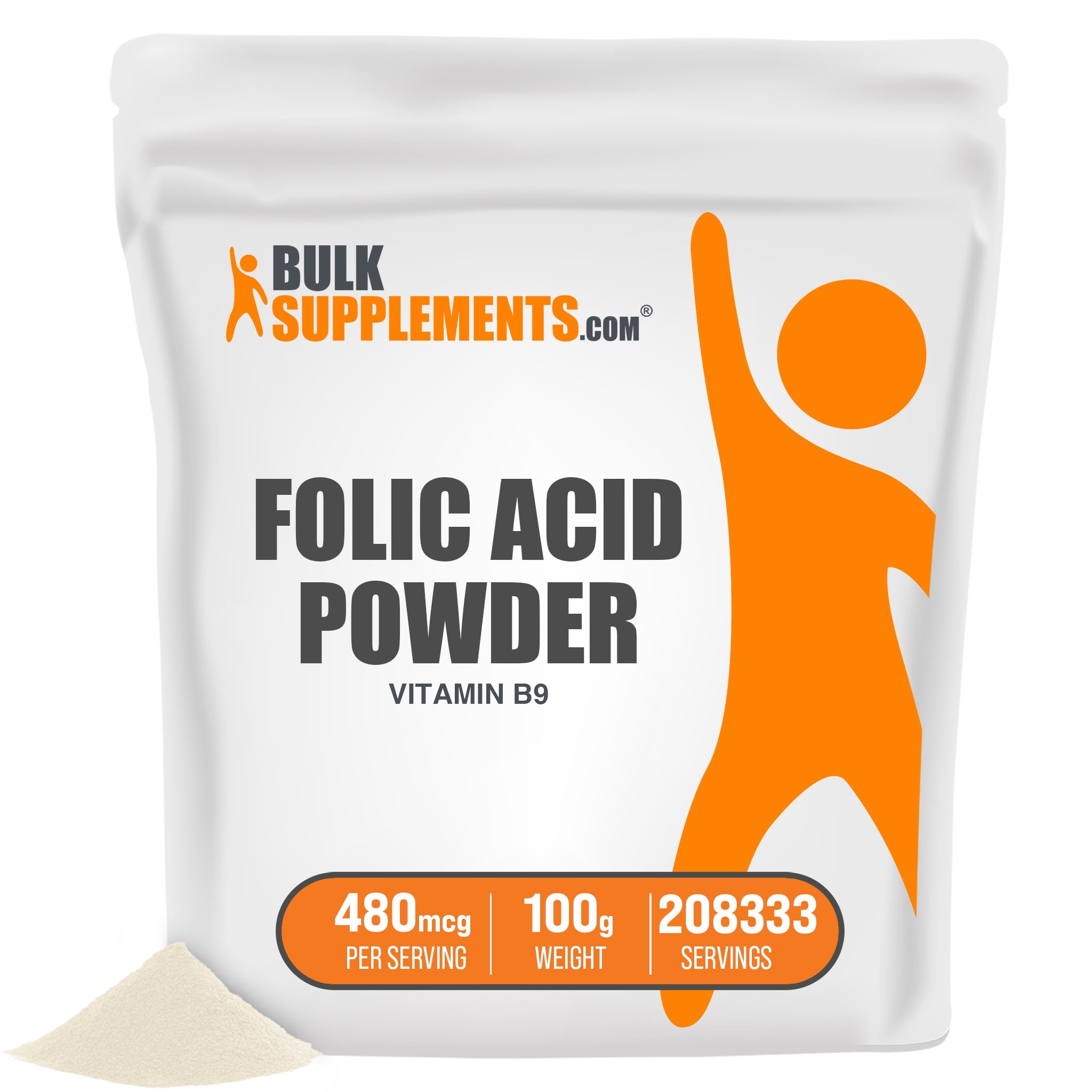 BulkSupplements.com Folic Acid Vitamin B9 Powder 480mcg - Prenatal Vitamins 100 Grams