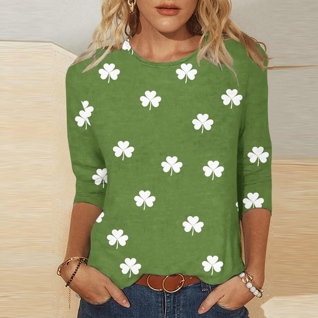 TaTaai Women's Casual Green Print Blouse Round Neck 3/4 Sleeve St. Patrick's Day T-Shirt Loose Fit Irish Holiday Spring Wear Gift