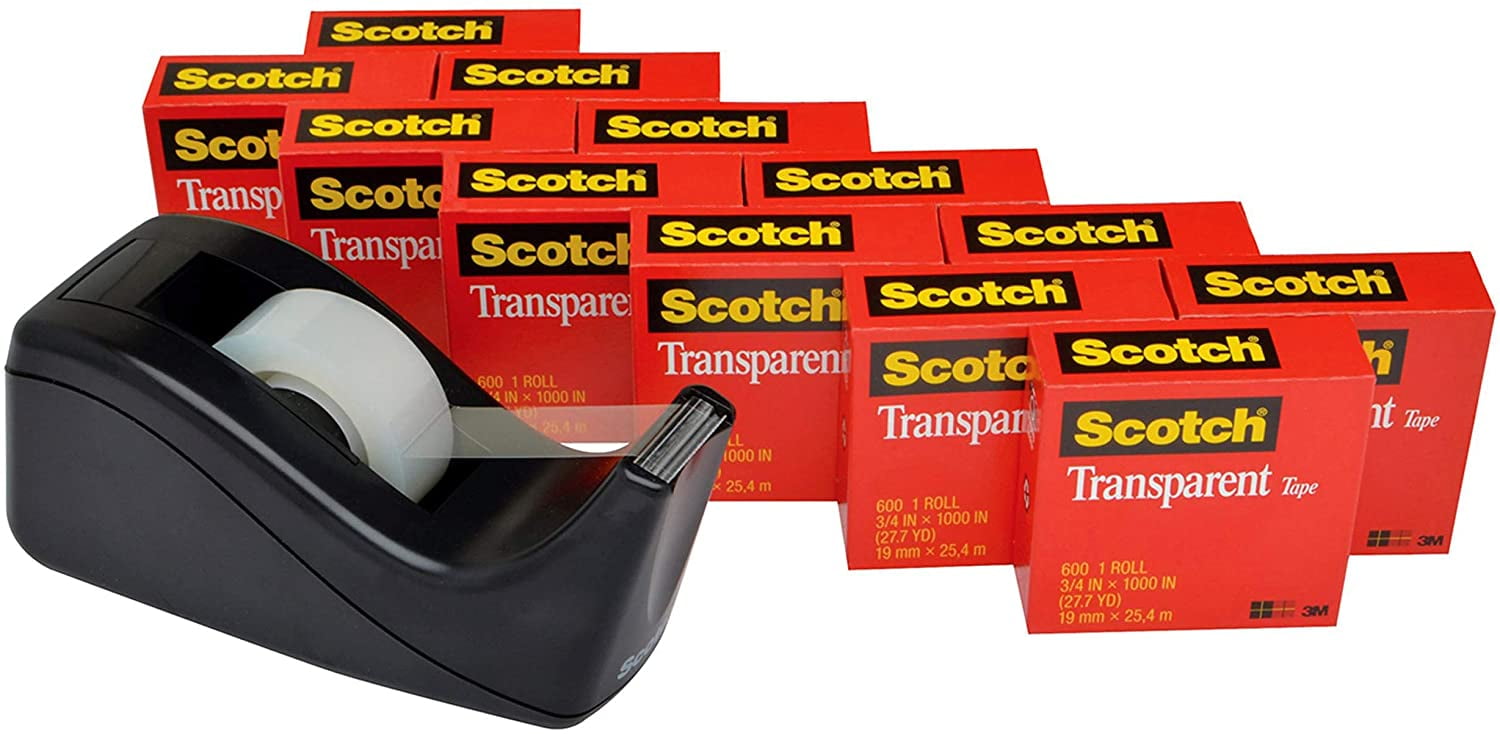 Scotch Transparent Tape with C60 Desktop Dispenser, 3/4 in x 1000 Inches, 12 Rolls, 1 Dispenser