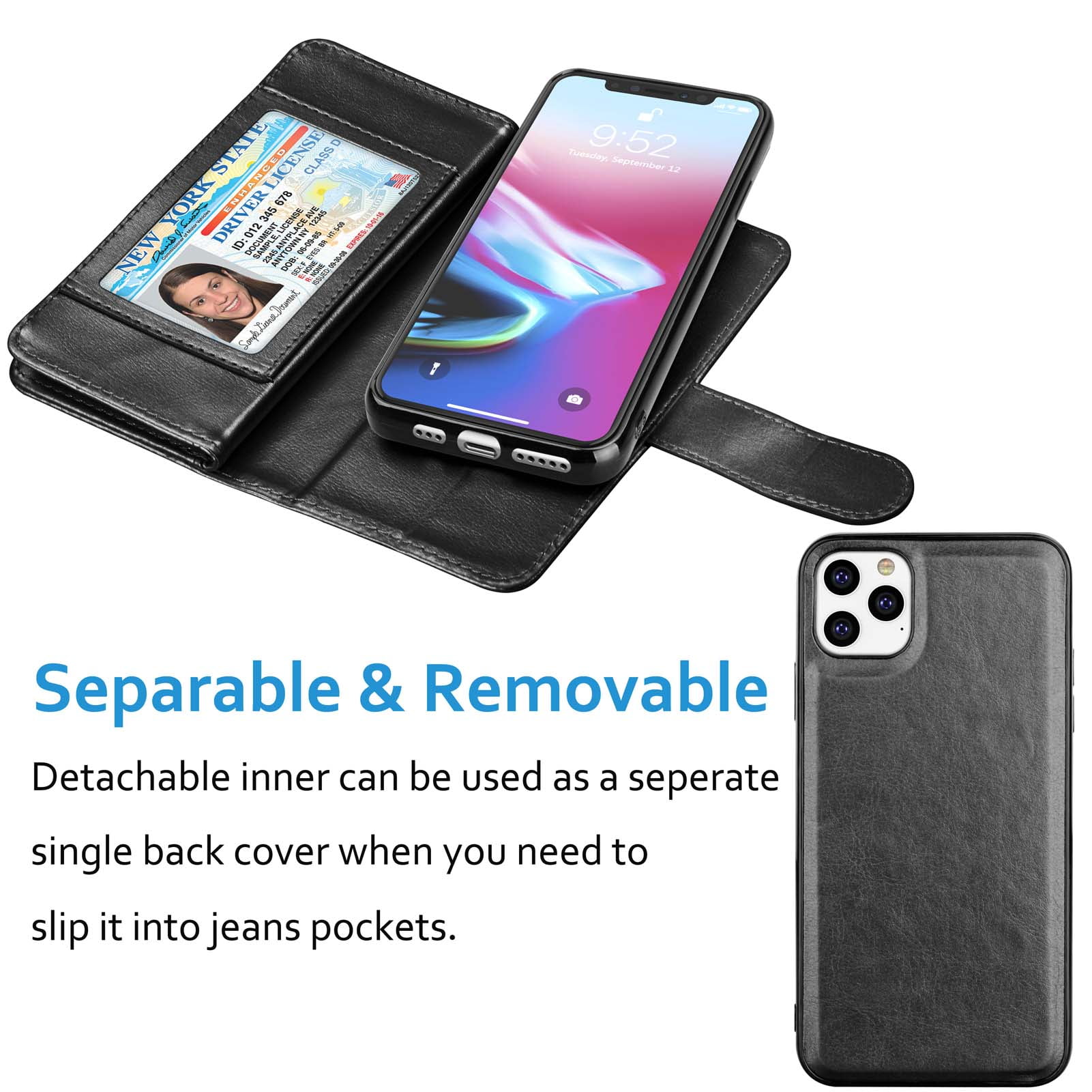RuiJinHao iPhone 11 Pro Max Flip Case Leather Cover Kickstand Wallet Cover Luxury Business Card Holders 