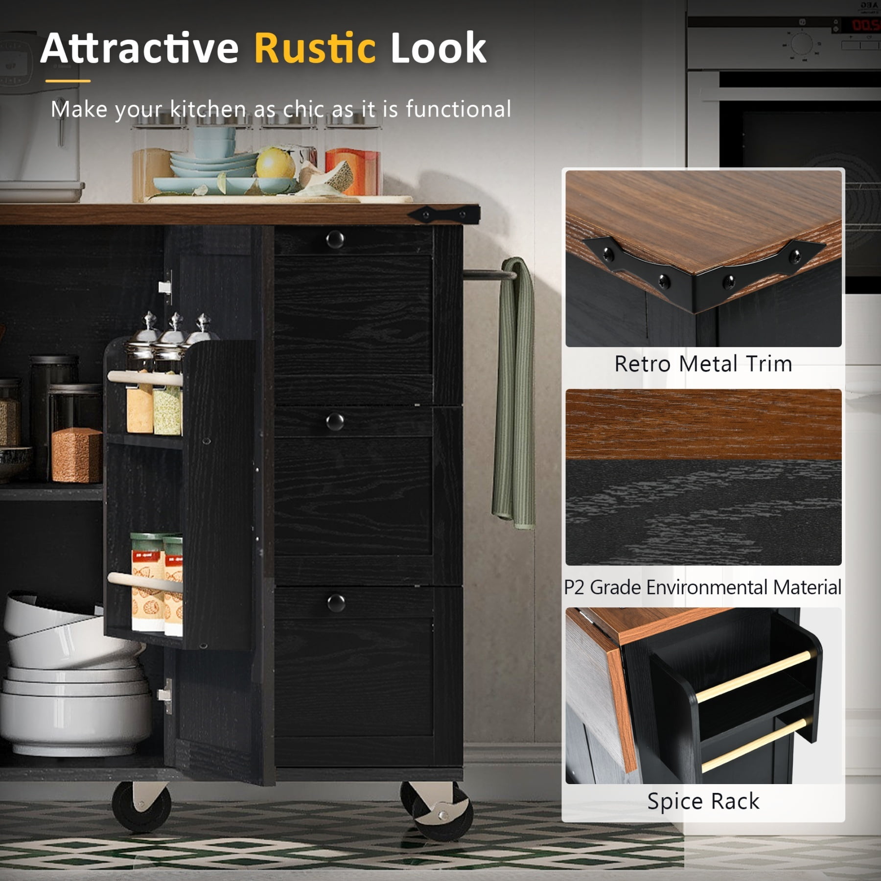 Alvantor 54.5'' Kitchen Island Carts with Power Outlet, Farmhouse Buffet Cabinet with Drop Leaf, Spice Rack and Drawer for Dining Room Living Room Black
