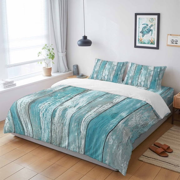 Twin 4 Piece Bedding Set Farm Teal Wood Board Soft Breathable Duvet Cover with Pillow Shams, Country Style Duvet Cover Set Bed Sheets for Bedroom Dormitory Guest Room