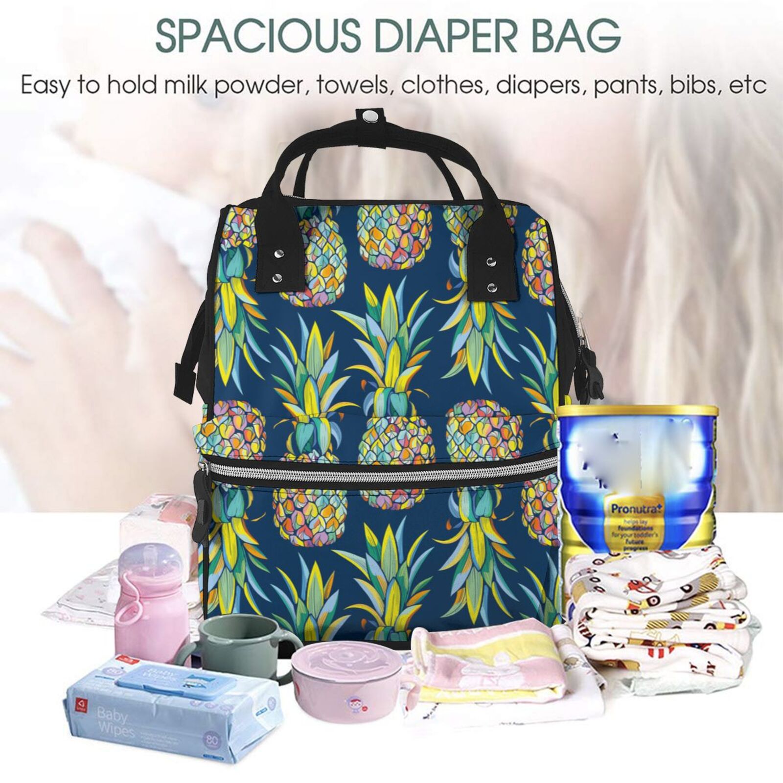 Ratiio Colorful Pineapples Mummy Backpack - Waterproof Twill Canvas, Large Capacity Diaper Bag with Multiple Pockets and Adjustable Straps