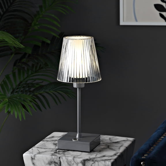 JONATHAN Y Oscar 12.5" Modern Industrial Rechargeable/Cordless Iron/Acrylic Integrated Portable LED Table Lamp with Ribbed Shade, Gray, JYL7225D