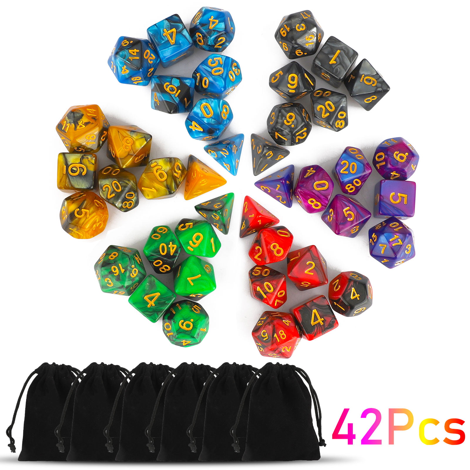42pcs dice Shiny Polyhedral Dice DND RPG MTG Role Playing Game Bag 6 Colors SYF