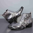 thumbnail image 4 of Men's Python Print Double Buckle Chelsea Boots - Vintage Pointed Toe Ankle Boots with Side Zipper, Comfortable Low Heel, 4 of 6