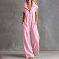 thumbnail image 2 of TEAJOPSUU Womens Cap Sleeve Collared Jumpsuits Zip Front Wide Leg Long Rompers with Pockets Turn Down Collar Summer Casual Daily Wear Pink, 2 of 6