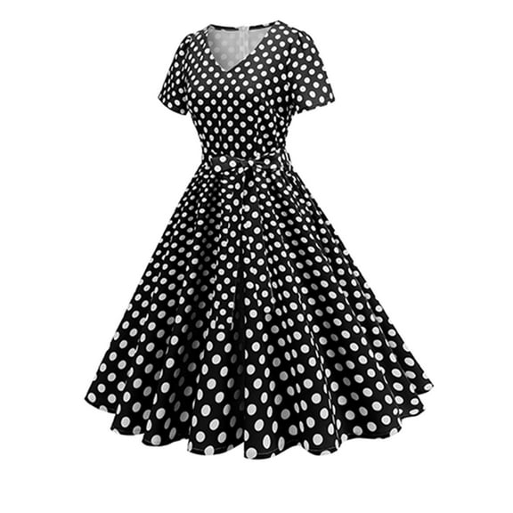 Cagogo Women Vintage Polka Dots Evening 950s Retro Rockabilly Prom Dress V Neck Short Sleeves Wedding Cocktail A Line Midi Gown