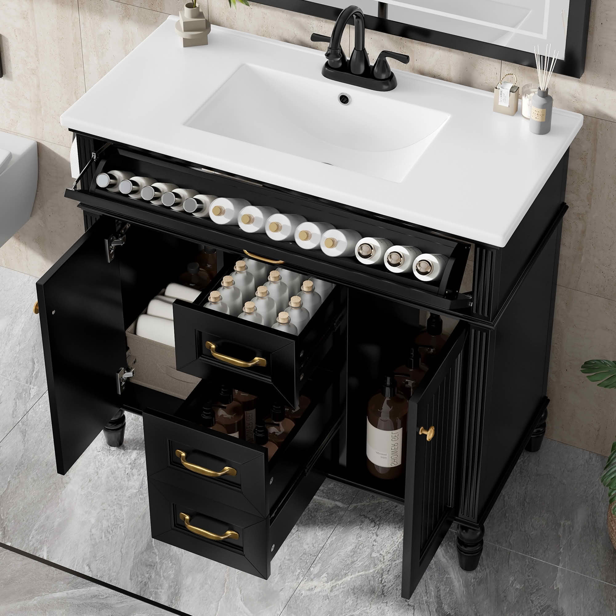 MAYEERTY 36" Bathroom Vanity with Sink Black Freestanding Ceramic Basin MDF Solid Wood Flip-Out Drawer Soft Close Doors Golden Handles